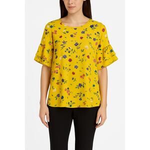 Pleione Blouse Womens Sz M‎ Yellow Tunic Floral Print Flutter Sleeves Boho Chic